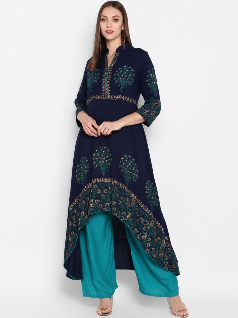 

ZOEYAMS Women Navy Blue & Green Block Printed A-Line Kurta