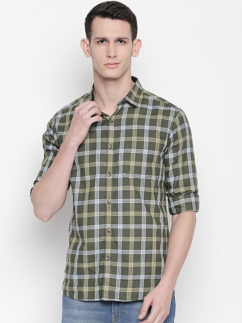 

BYFORD by Pantaloons Men Olive Green & Off-White Slim Fit Checked Casual Shirt