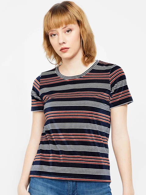 

Bossini Women Navy Blue Striped Round Neck Corduroy T-shirt