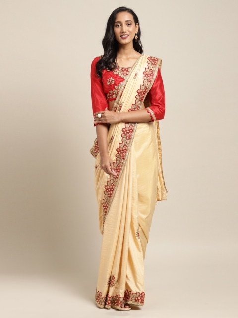 

Mitera Beige Solid Poly Silk Saree