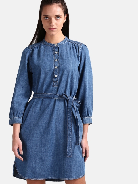 

GAP Women Solid Blue Popover Shirt Dress