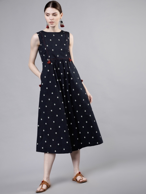 

Vishudh Women Navy Blue Floral Printed Fit and Flare Dress