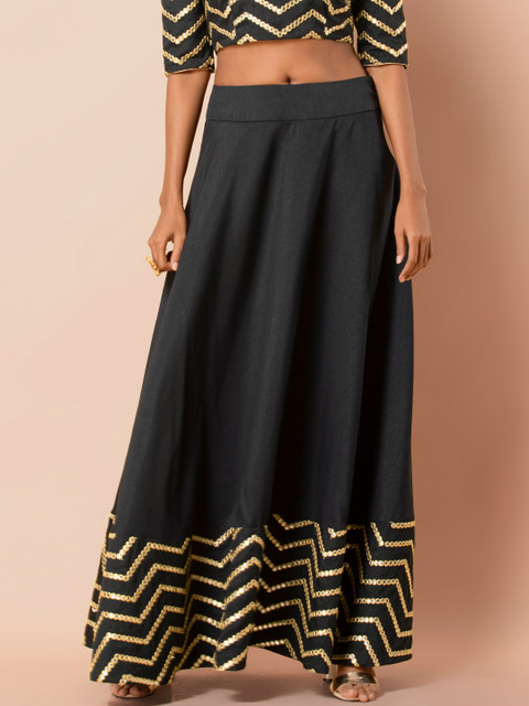 

INDYA Women Black Flared Maxi Skirt