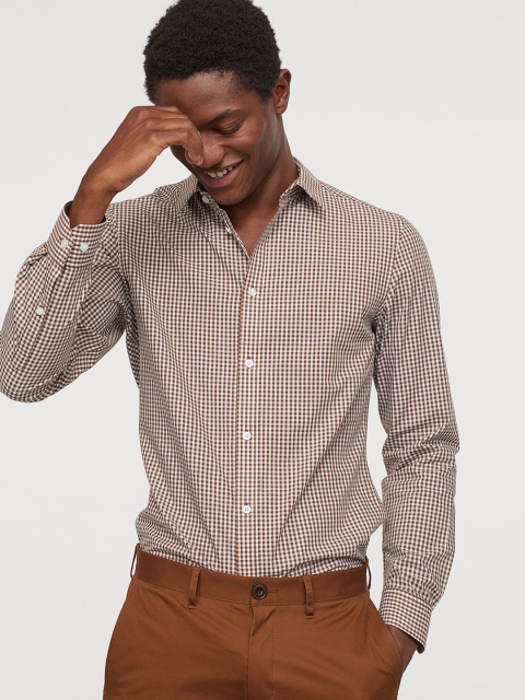 

H&M Men Brown & White Checked Easy-Iron Shirt Slim Fit