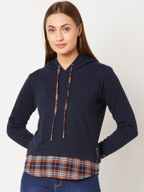 

Miss Chase Women Navy Blue Checked Hooded Sweatshirt