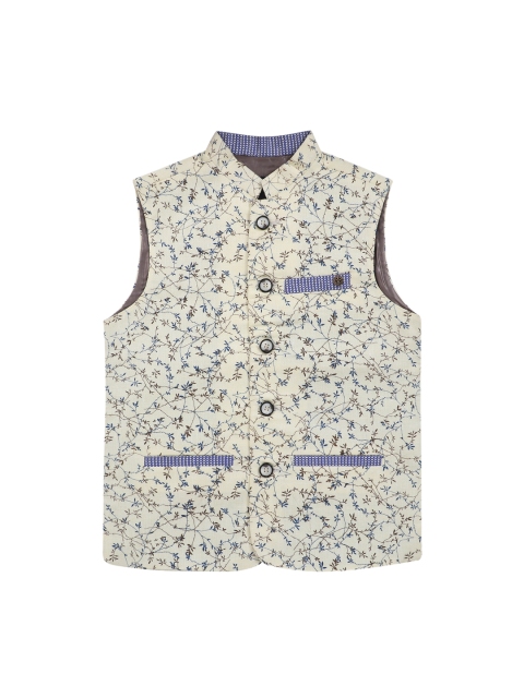 Lil Tomatoes Boys Beige Printed Woven Nehru Jacket, Yellow
