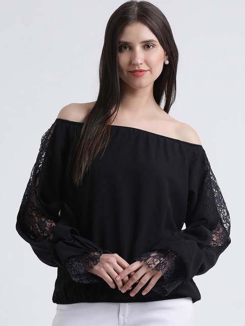 

AkaAyu Women Black Solid Bardot Top