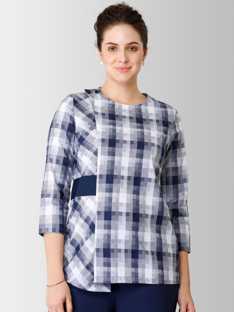 

FableStreet Women Navy Blue Checked Pure Cotton Top