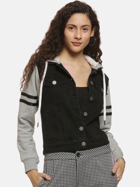 

Campus Sutra Women Black Solid Windcheater Denim Jacket