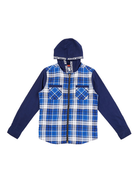 

Pantaloons Junior Boys Navy Blue & White Regular Fit Checked Hooded Casual Shirt