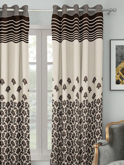 

HOUZZCODE Cream-Coloured & Coffee Brown Single Room Darkening Curtain