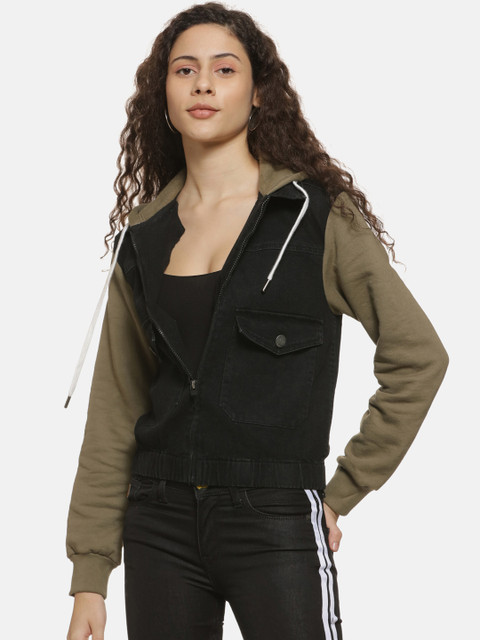 

Campus Sutra Women Black Colourblocked Windcheater Denim Jacket