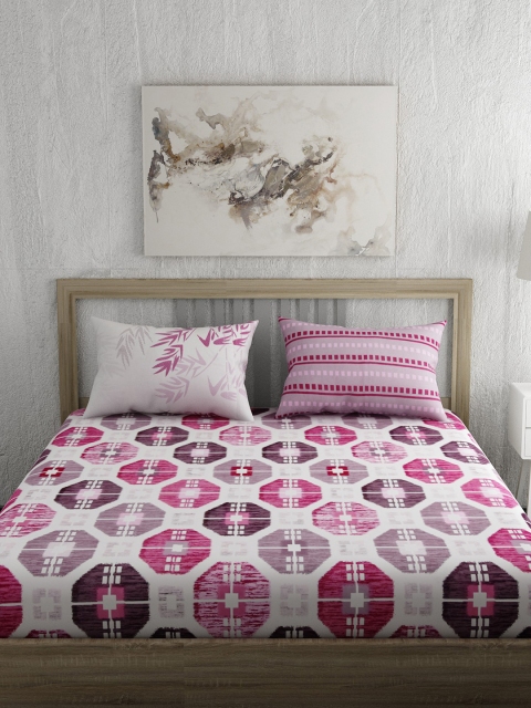 

EverHOME Pink & Brown Geometric 144 TC Cotton 1 Queen Bedsheet with 2 Pillow Covers