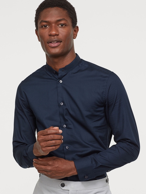 

H&M Men Solid Premium Cotton Grandad Shirt, Blue
