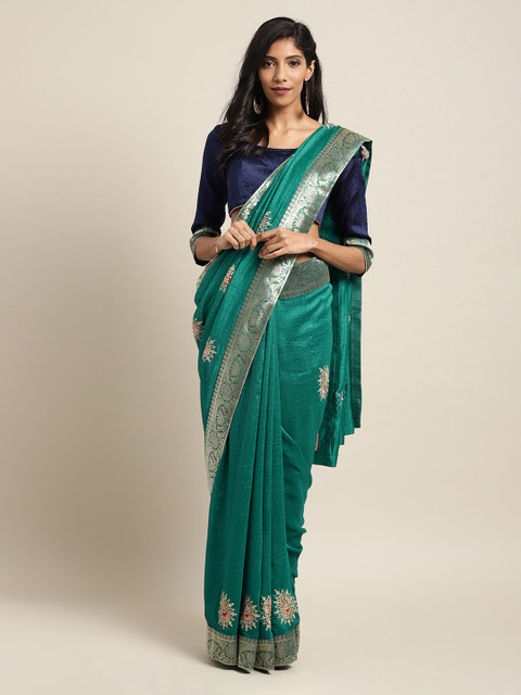 

Mitera Green Embroidered Poly Silk Saree