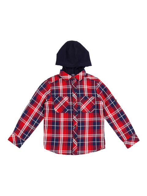 

Pantaloons Junior Boys Navy Blue & Red Regular Fit Hooded Checked Casual Shirt