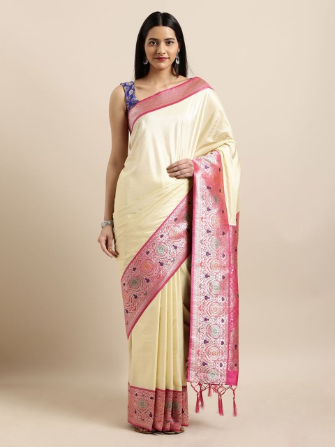 

Mitera Cream-Coloured & Pink Silk Blend Woven Design Banarasi Saree