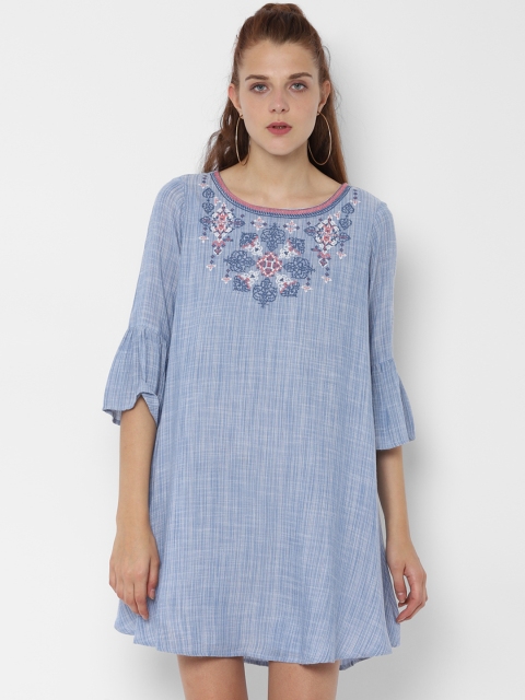 

People Women Embroidered Blue A-Line Dress
