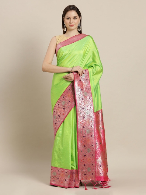 

Mitera Green & Pink Silk Blend Woven Design Banarasi Saree