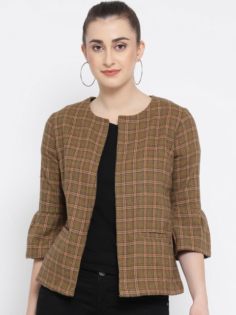 

Oxolloxo Women Brown Checked Pure Wool Open Front Blazer