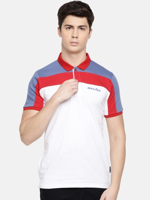 

Braveo Men White & Red Colourblocked Polo Collar T-shirt