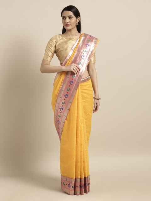 

Mitera Yellow & Pink Silk Cotton Woven Design Paithani Saree