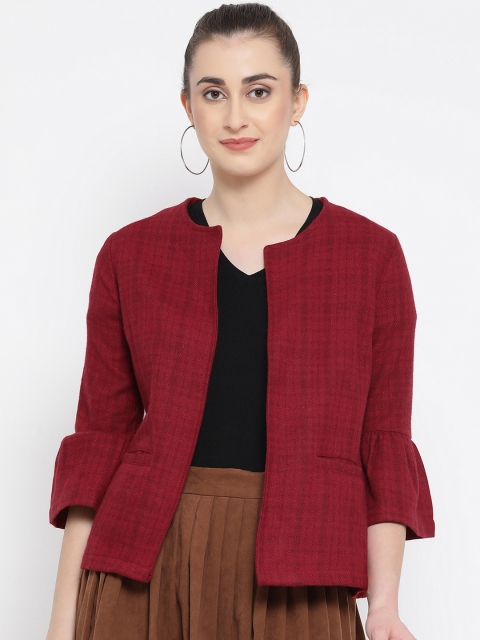 

Oxolloxo Women Red Checked Pure Wool Open Front Blazer