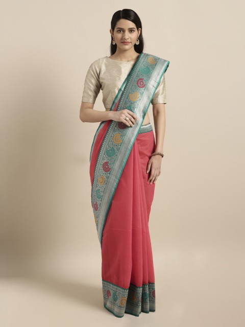 

Mitera Red & Teal Silk Cotton Woven Design Banarasi Saree