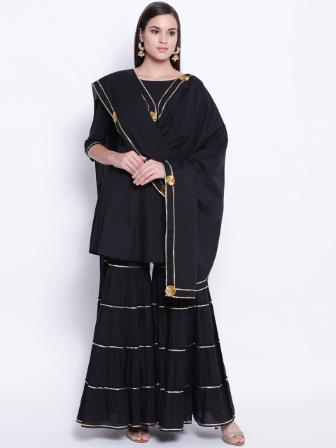 FABNEST Women Black & Gold-Coloured Striped Kurta with Sharara & Dupatta