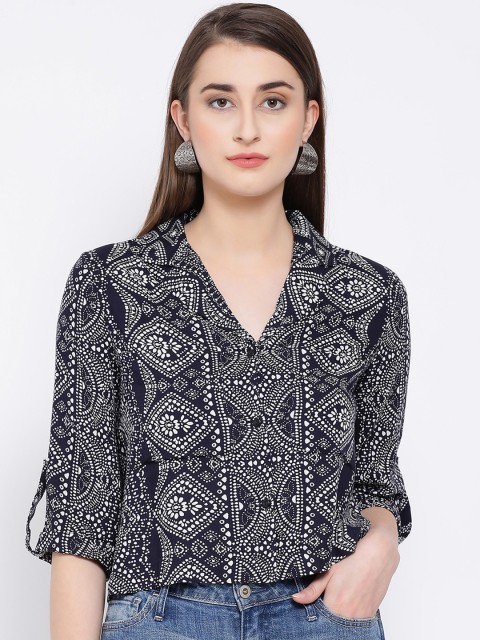 

Oxolloxo Women Navy Blue & White Regular Fit Printed Casual Shirt