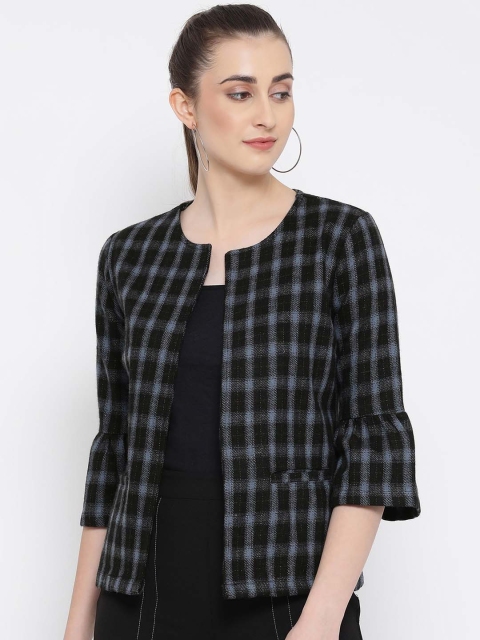 

Oxolloxo Women Black Checked Pure Wool Open Front Blazer