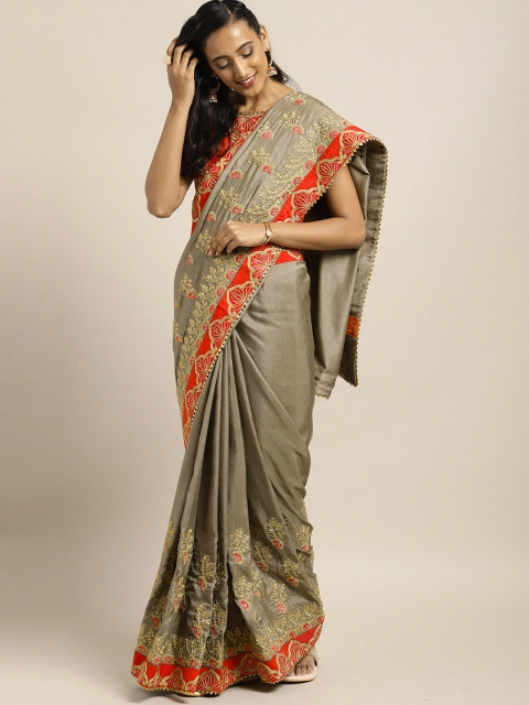 

Mitera Grey Embroidered Poly Silk Saree