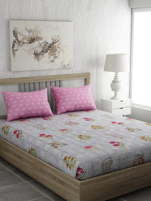 

EverHOME Grey & Pink Floral 144 TC Cotton 1 Queen Bedsheet with 2 Pillow Covers