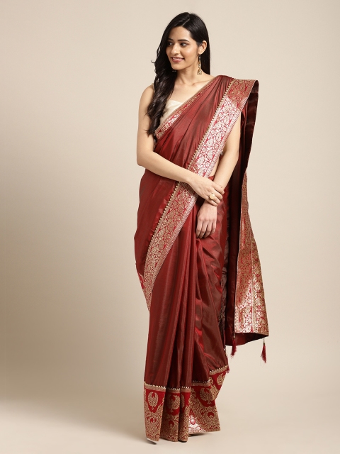 

Mitera Maroon & Gold-Toned Poly Silk Solid Saree