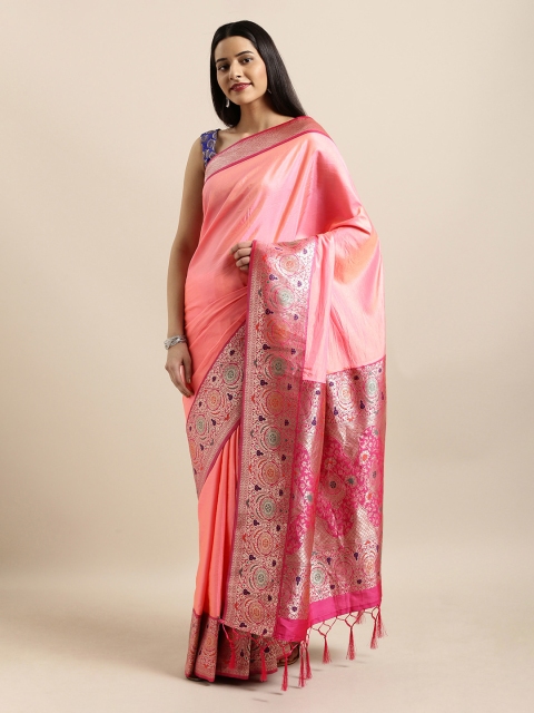 

Mitera Pink Silk Blend Solid Banarasi Saree