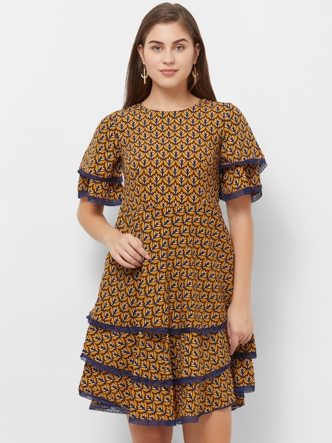 

Soie Women Mustard Yellow Printed Fit and Flare Dress