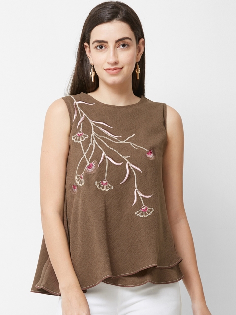 

Soie Women Olive Brown Embroidered Tiered Top