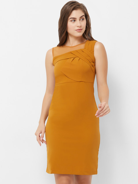 

Soie Women Solid Mustard Orange Sheath Dress