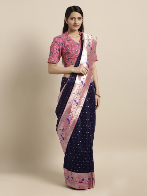 

Mitera Navy Blue & Pink Silk Cotton Woven Design Paithani Saree