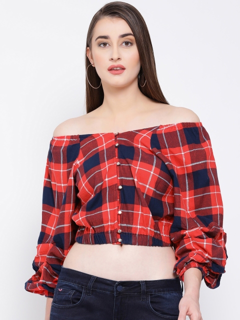 

Oxolloxo Women Red Checked Blouson Top