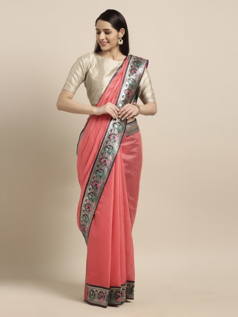 

Mitera Peach-Coloured & Navy Blue Silk Cotton Woven Design Banarasi Saree