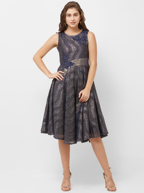 

Soie Women Blue Self Design Fit and Flare Dress