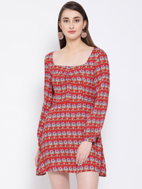

Oxolloxo Women Printed Red Fit and Flare Dress