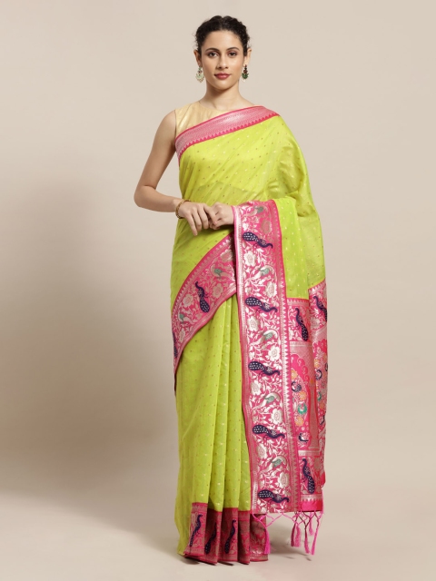 

Mitera Green & Pink Silk Cotton Woven Design Banarasi Saree