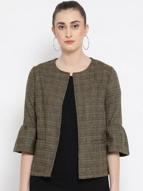 

Oxolloxo Women Brown Checked Pure Wool Open Front Blazer