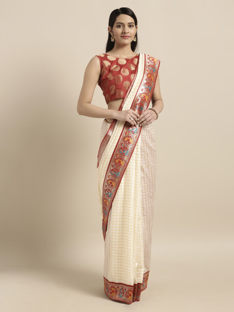 

Mitera Cream-Coloured & Red Silk Blend Woven Design Banarasi Saree