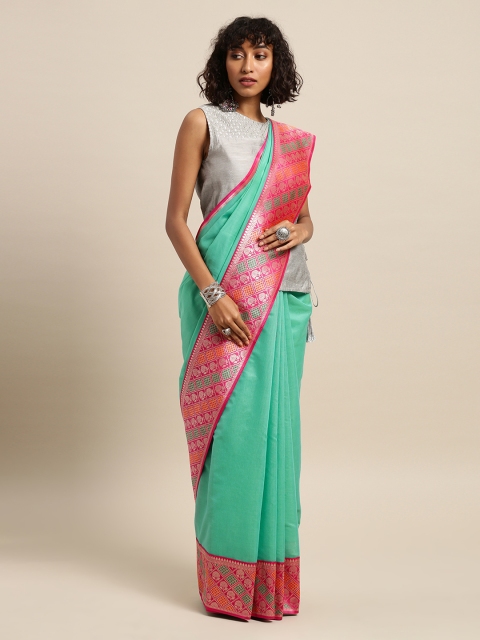 

Mitera Sea Green & Pink Silk Cotton Woven Design Banarasi Saree