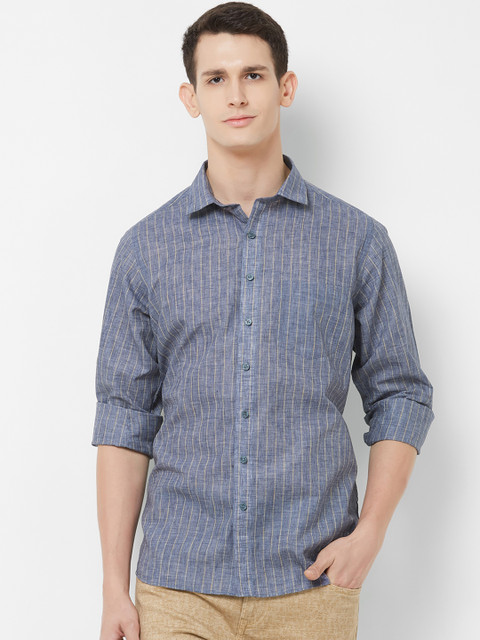 

EVOQ Men Blue & Beige Cotton Linen Regular Fit Striped Casual Shirt