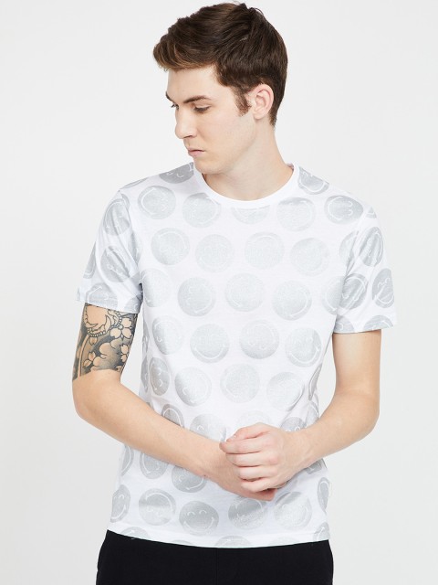 

Smiley World Men White & Grey Printed Round Neck T-shirt