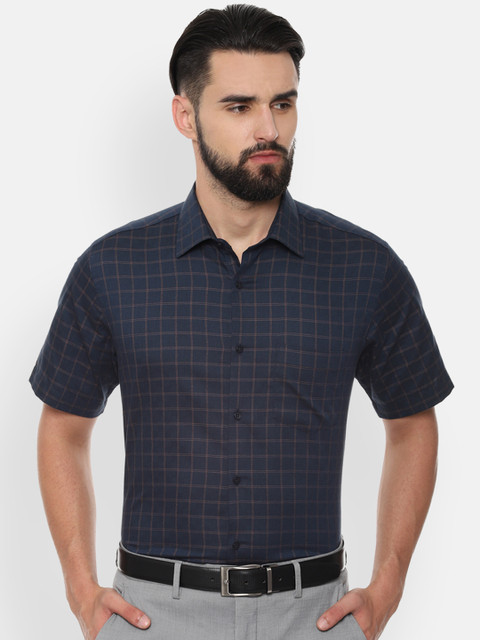 

Van Heusen Men Navy Blue & Brown Regular Fit Checked Formal Shirt